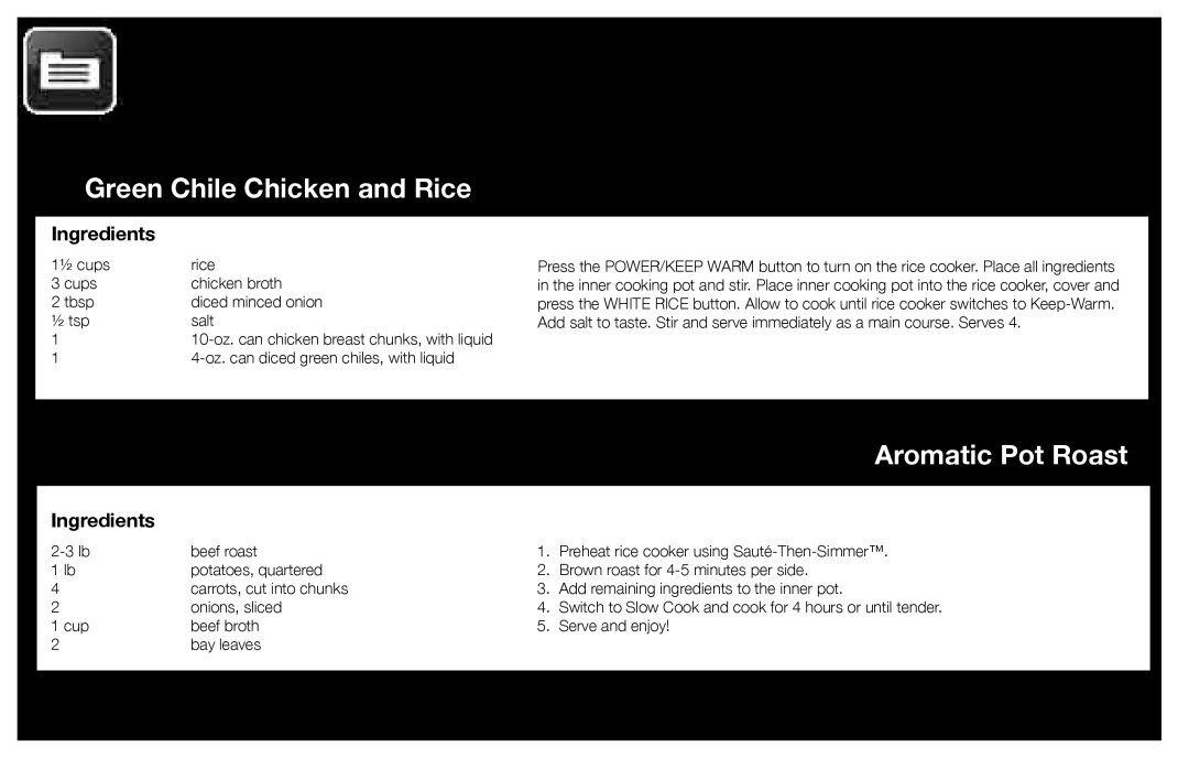 Aroma ARC-3000SB instruction manual Green Chile Chicken and Rice, Aromatic Pot Roast, Recipes, Ingredients 